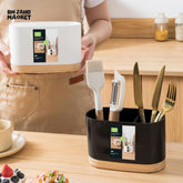 CUTLERY CONTAINER WITH WOODEN BASE – CHOPSTICK HOLDER UTENSIL STORAGE RACK AND DRAINING BOARD FOR KITCHEN